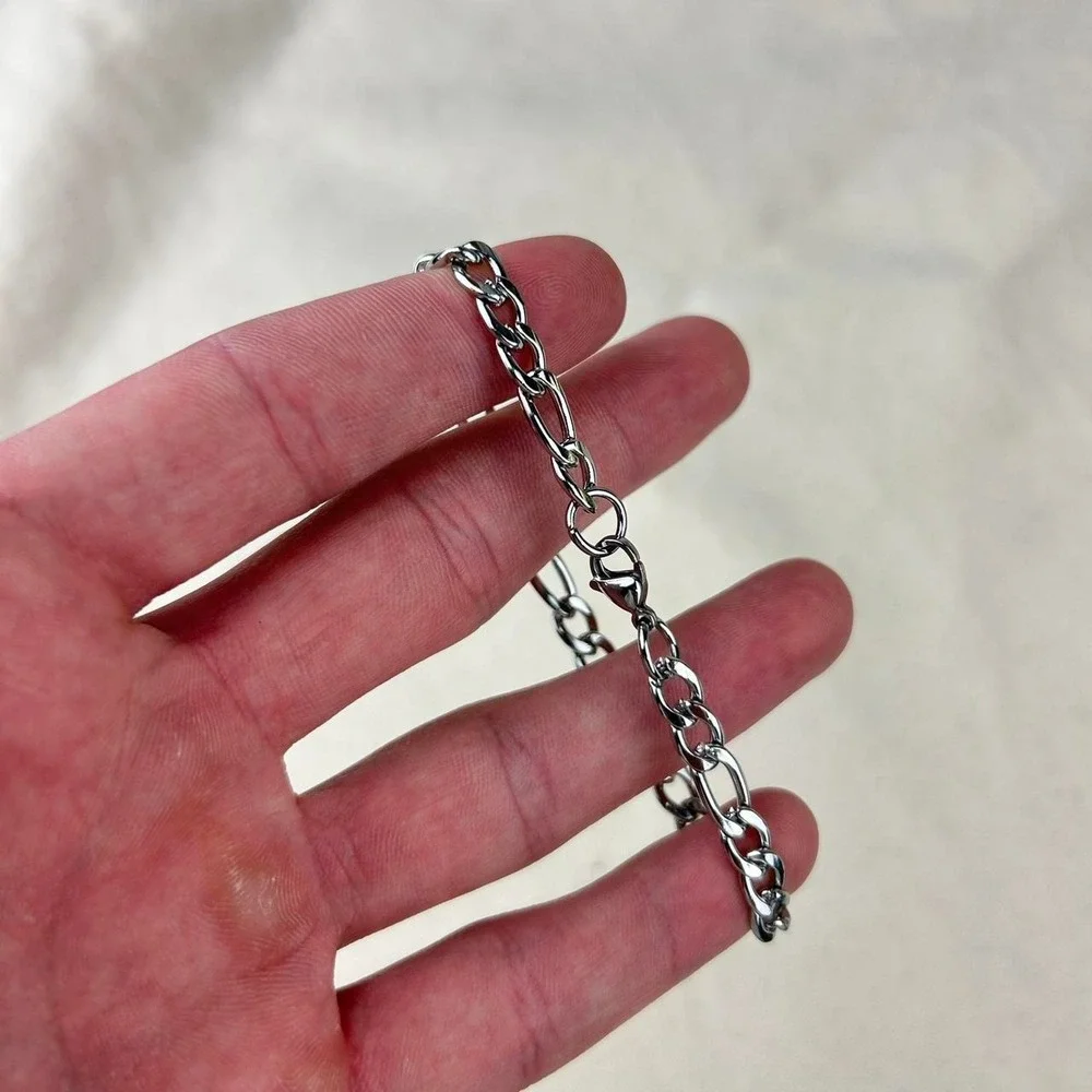 Vintage style stainless steel silver cuban link chain bracelet grunge punk 7mm